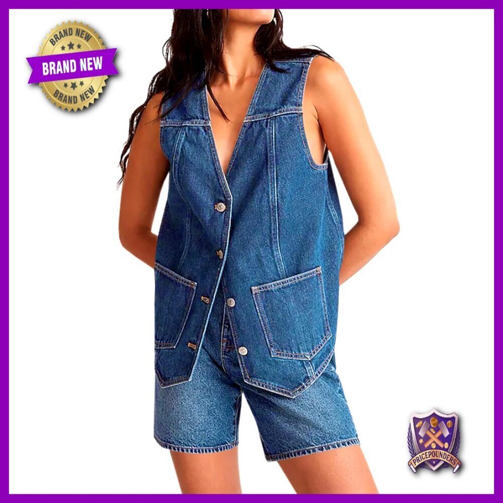 Denim Vest V Neck Button Down Sleeveless Casual Chic Layering Piece